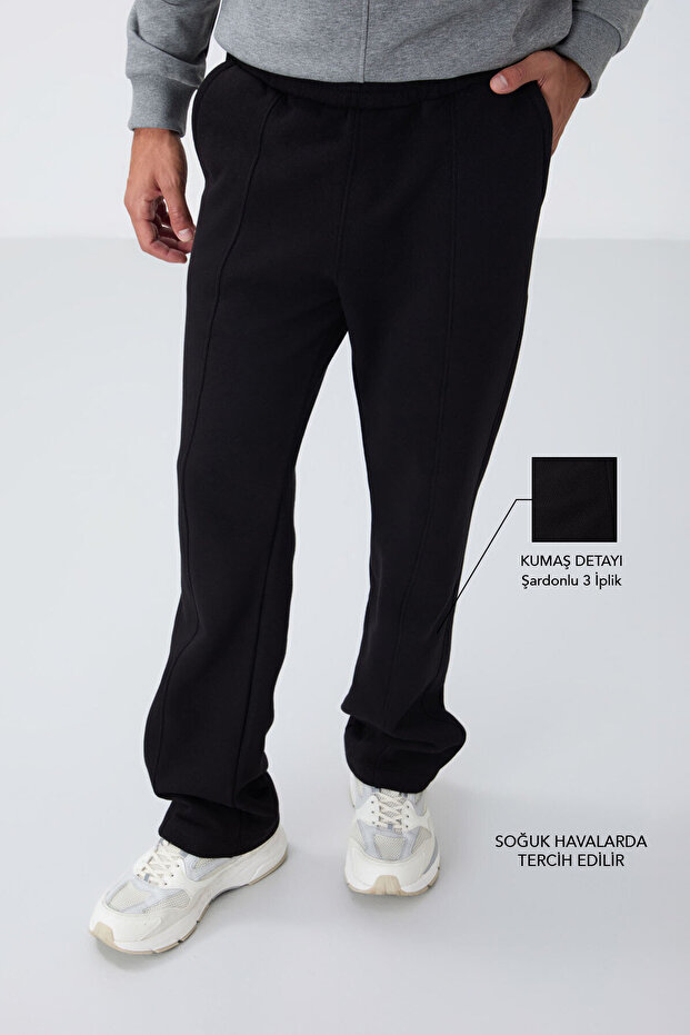 Black Cotton Thick Furry Soft Textured Oversize Embroidered Men's Sweatpants -82146