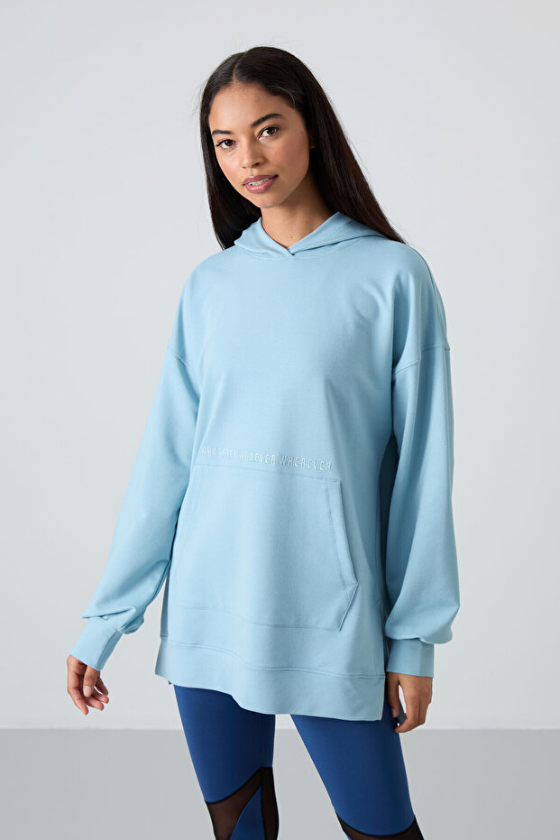 Light Blue Balloon Sleeve Embroidered Women's Comfortable Fit Tunic Sweatshirt - 97163