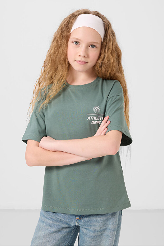 Light Green Cotton O-Neck Comfortable Form Fit Printed Girls' T-Shirt - 75178