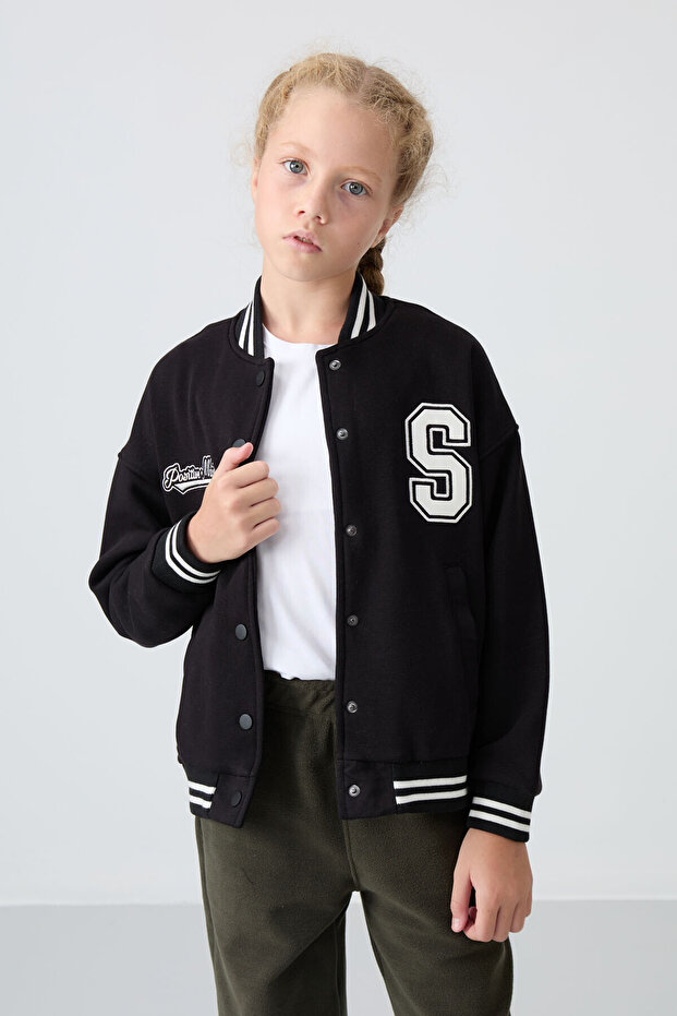 Black Cotton Furry Inside Soft Textured Standard Fit Embroidered Girls College Jacket - 75163