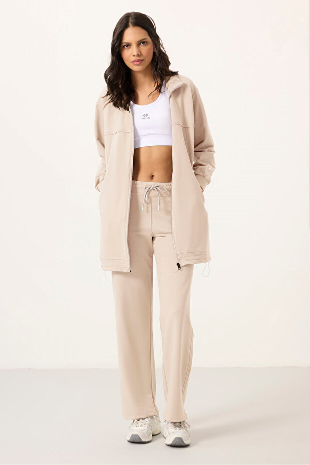 Ecru Stand Collar Zippered Cotton Women's Tracksuit Tunic Set - 95346
