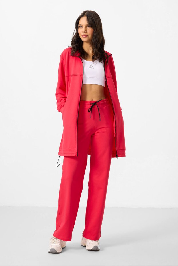 Viva Red Stand Collar Zippered Cotton Women's Tracksuit Tunic Set - 95346