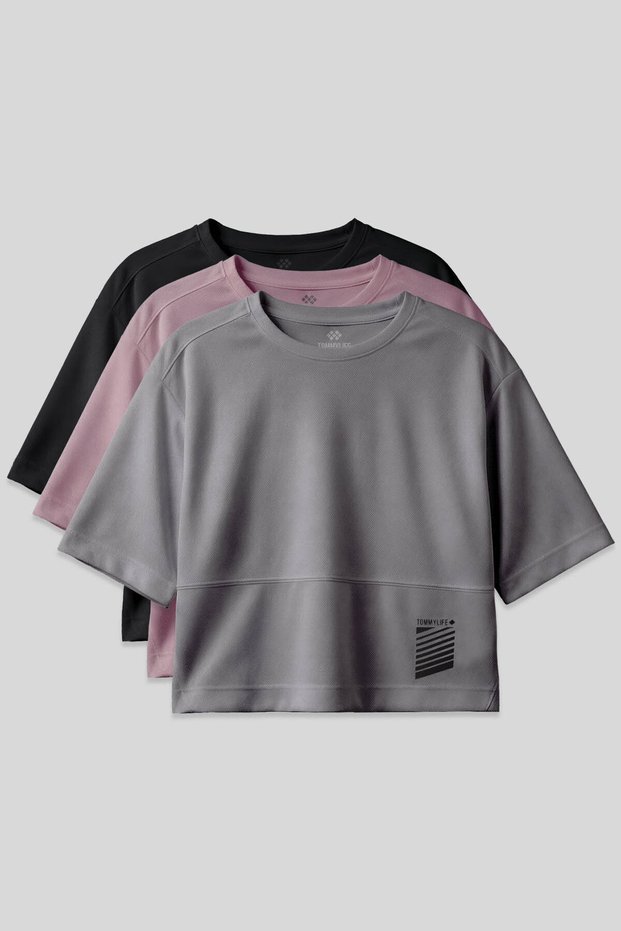 Standard Fit O-Neck 3-Pack Black-Dark Gray-Dry Rose Women's T-Shirt - 97284