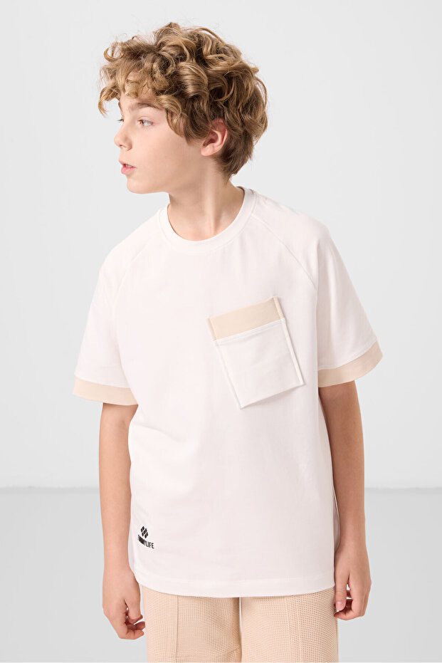 Ecru Cotton Soft Textured Oversize Pocket Detailed Boy's T-Shirt - 11295