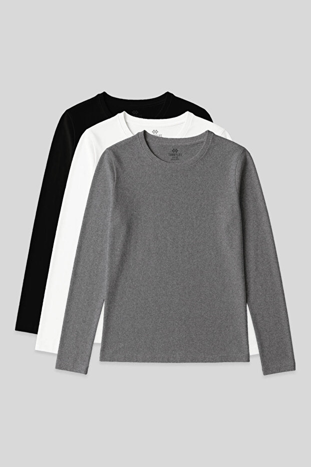 Standard Fit Basic O Neck 3 Pack Black-White-Grey Melange Women's T-Shirt - 97312