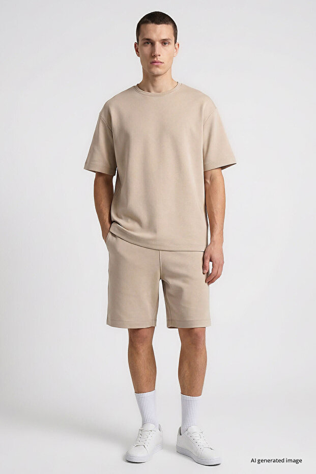Beige Oversize Fit Basic Men's Shorts Set - 85292
