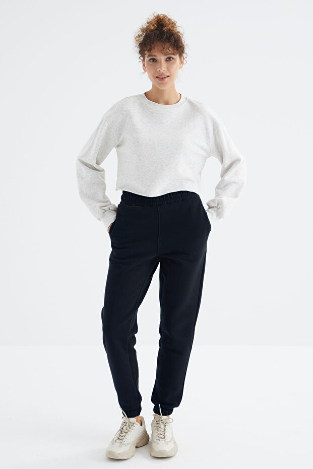Navy Blue High Waist Fleece-Lined 3 Thread Cotton Basic Women's Tracksuit Bottom - 94624