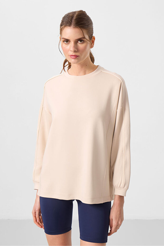 Beige Soft Textured O Neck Oversize Women's Tunic Sweatshirt - 97303