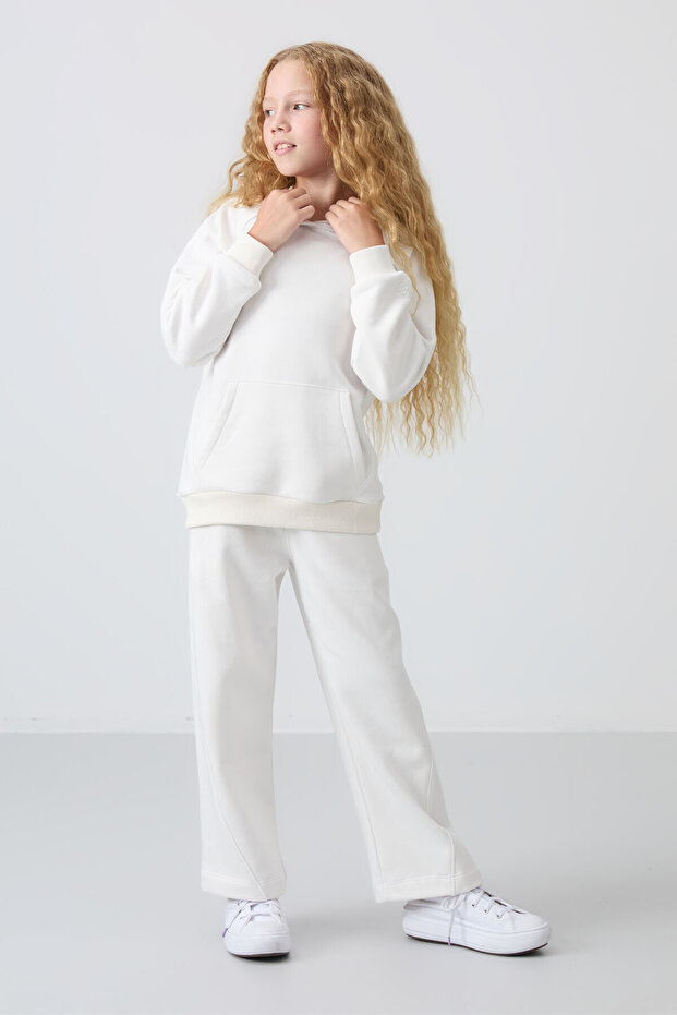 Ecru Cotton Inside Hairy Soft Textured Standard Fit Embroidered Girl's Tracksuit Set - 75162