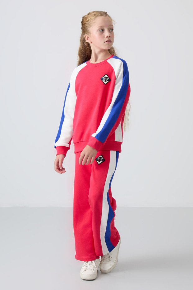 Viva Red O Neck Wide Leg Standard Fit Printed Girl's Tracksuit Set - 75165