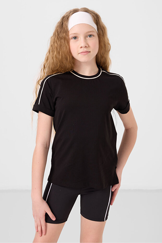 Black Cotton O Neck Standard Fit Basic Girl's T-Shirt - 75177