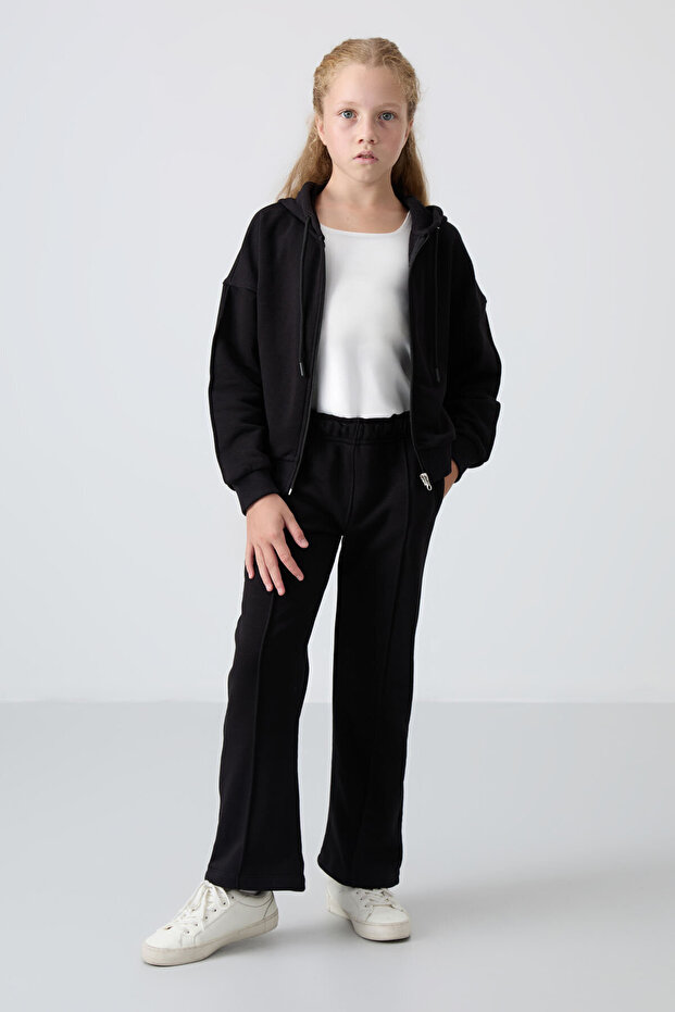 Black Cotton Furry Inside Soft Textured Standard Fit Embroidered Girl's Tracksuit Set - 75161