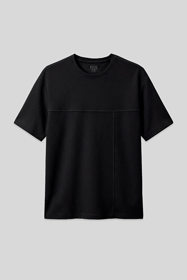 Black Waffle Interlock Surface Textured Oversize Fit Basic Men's T-Shirt - 88380