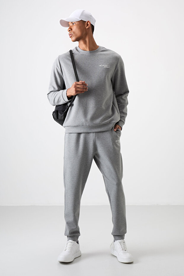 Gray Melange Cotton Thick Soft Textured Comfort Fit Embroidered Men's Tracksuit Set - 85254