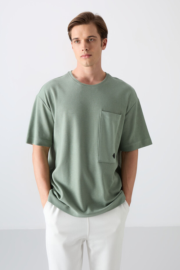 Light Green Cotton Thick Surface Textured Oversize Fit Basic Men's T-Shirt - 88341