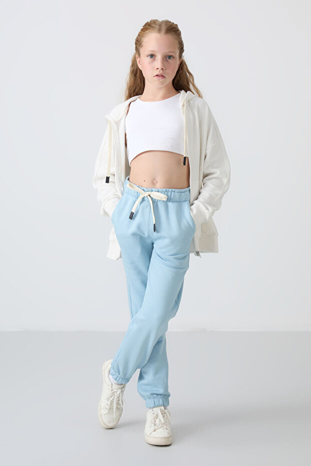 Light Blue Cotton Fuzzy Inside Soft Textured Standard Fit Embroidered Girls' Sweatpants - 75158