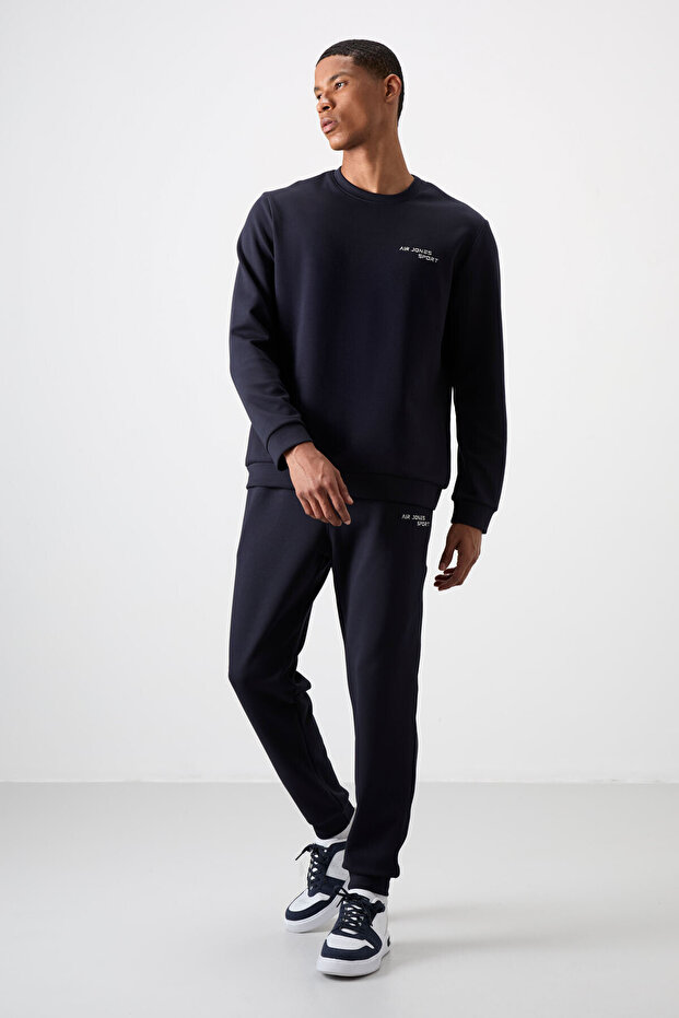 Navy Blue Cotton Thick Soft Textured Comfort Fit Embroidered Men's Tracksuit Set - 85254