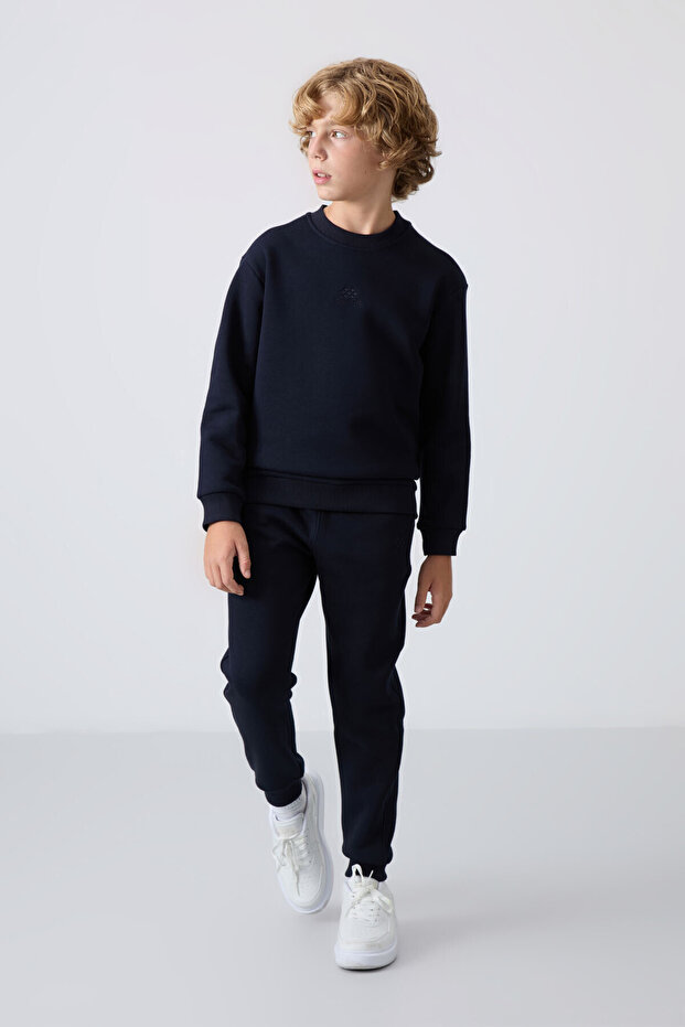 Navy Blue Cotton Thick Fleece Lined Standard Fit Embroidered Boys' Tracksuit Set - 11249