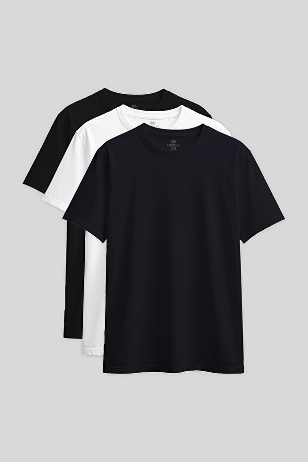Standard Fit Basic O Neck 3 Pack Black-White-Navy Blue Women's T-Shirt - 97311