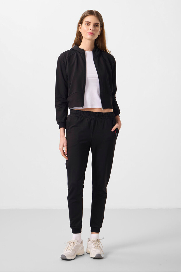 Black Hooded Zippered Standard Fit Women's Tracksuit Set - 95328