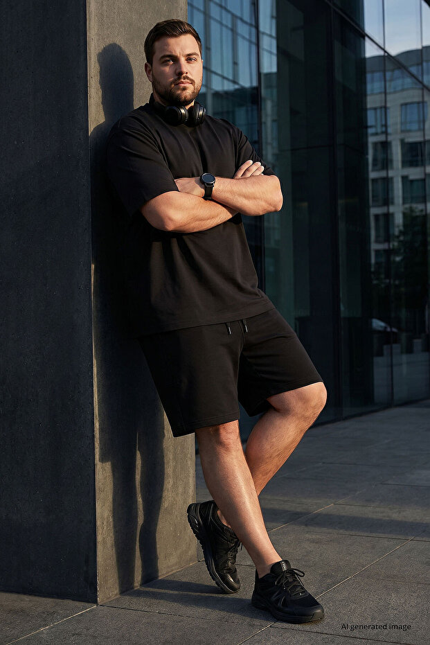 Black Comfortable Form Lace-Up Pocket Detailed Oversized Men's Shorts - 81297