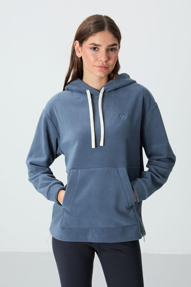 Petrol Thick Soft Textured Hooded Comfortable Fit Embroidered Fleece Women's Sweatshirt - 97292
