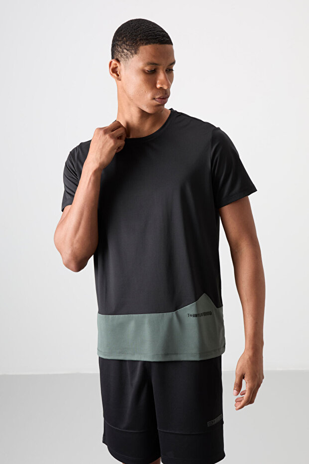 Black Breathable Textured Slim Flexible Standard Fit Men's Performance T-Shirt - 88383