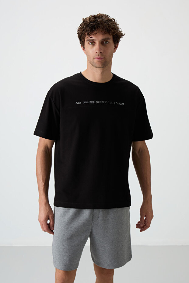 Black Cotton Thick Surface Textured Oversize Fit Printed Men's T-Shirt - 88371