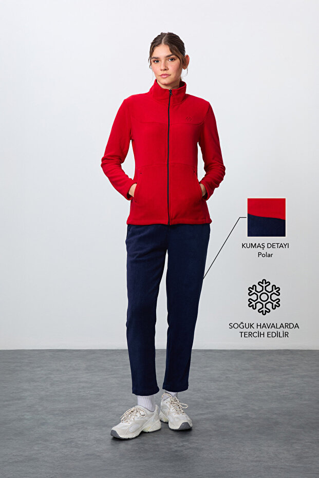 Red-Navy Blue Thick Soft Textured Stand Collar Standard Fit Embroidered Fleece Women's Tracksuit Set -95339