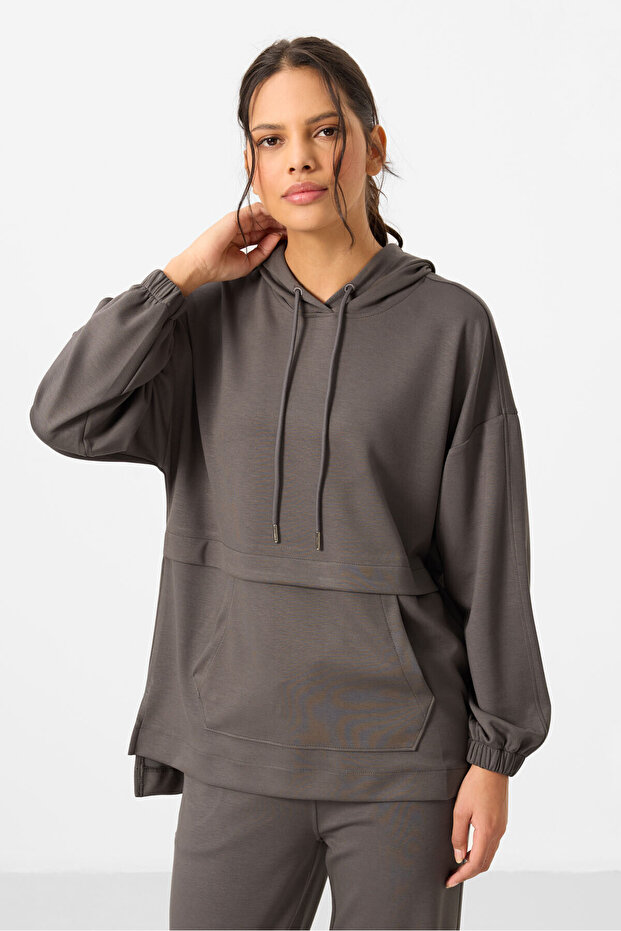 Dark Gray Soft Textured Hooded Standard Fit Women's Tracksuit Tunic Set - 95348
