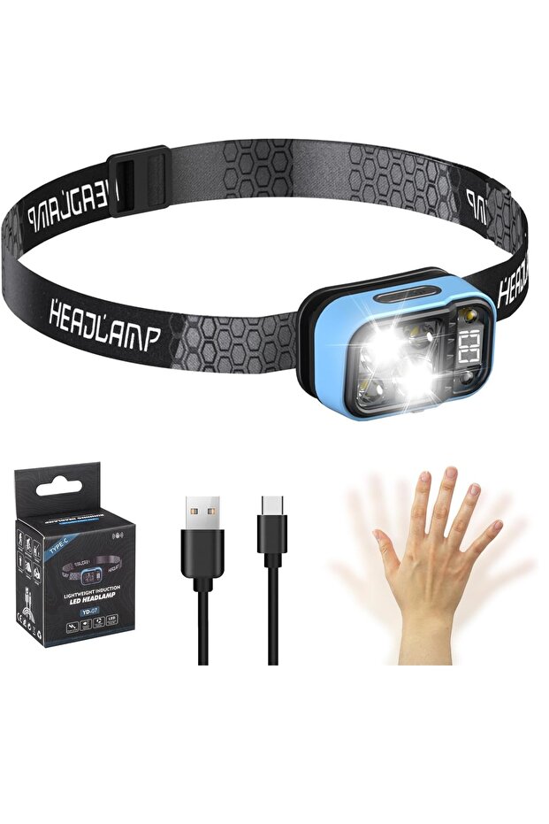 Blue USB C Rechargeable Headlights Motion Sensor Digital Power Display Headlamp Portable Head Lamp F