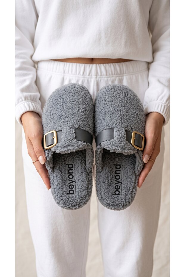 Women's Gray Fluffy Furry House Slippers 3 cm Byndskl03