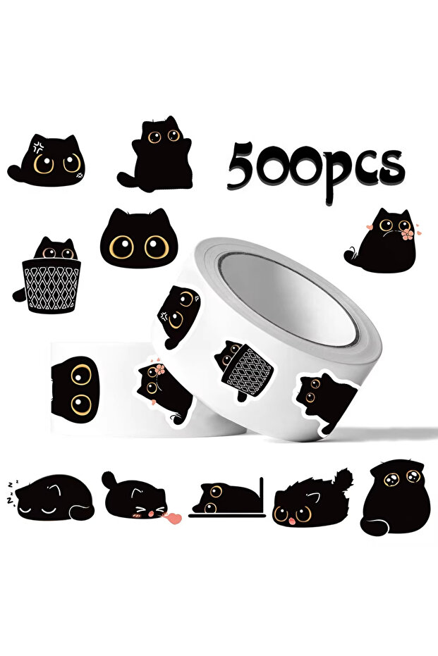 500Pcs 500PCS/Roll Cute Black Cat Cartoon Stickers, Minimalist Style, Cute & Fun, Perfect for Decora