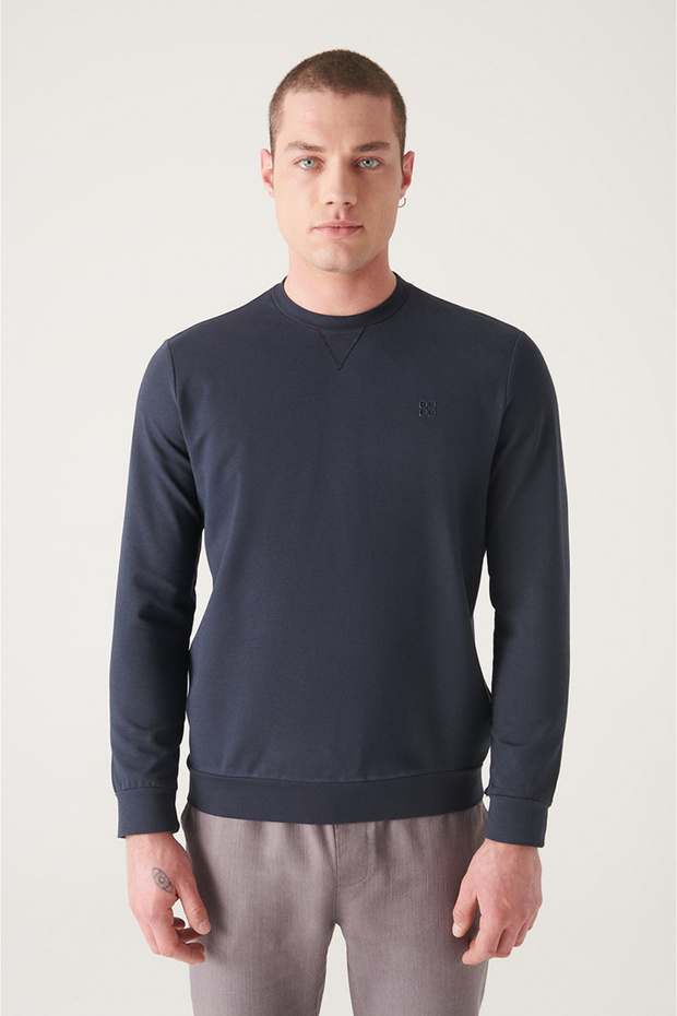 Men's Navy Blue Crew Neck Cotton 2 Thread Non-Brushed Comfort Fit Sweatshirt E001200