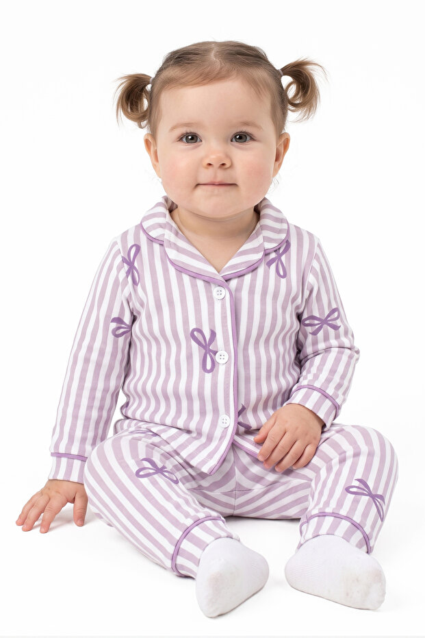 Baby Girl White Lilac Bow Striped Pajama Set