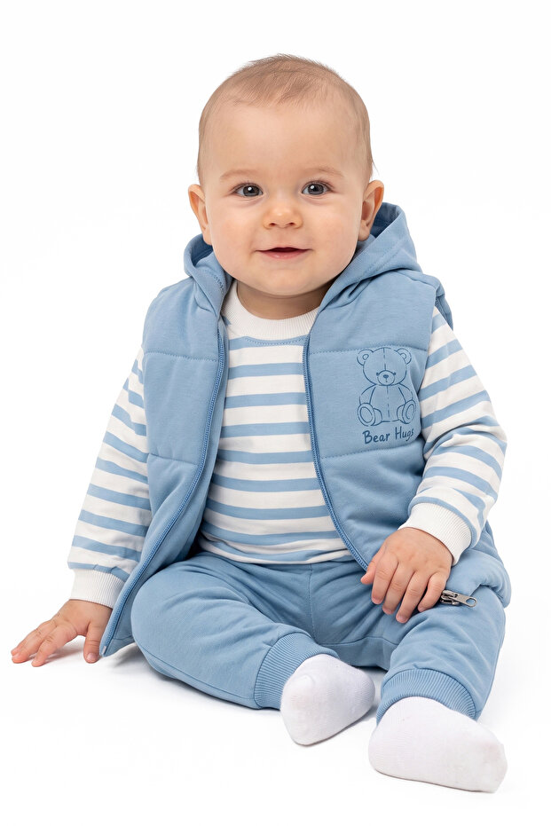 Baby Boy Ecru Blue Striped Bear Printed Vest 3-Piece Set
