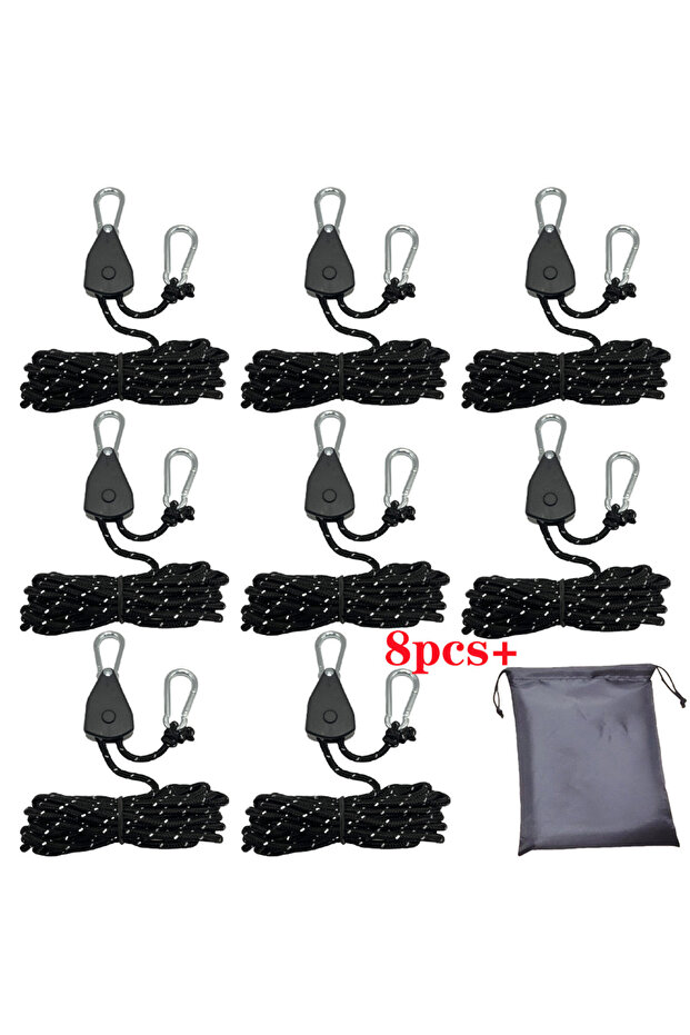 black 8Pcs 4m Camping Rope Tent Adjustable Rope Fastener Fixed Buckle Pulley Tensioner Ratchet Hange
