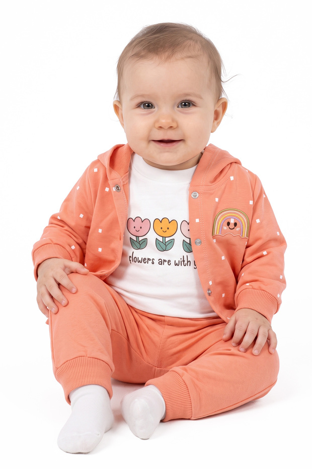 Baby Girl White Orange Tulip Rainbow Patterned Cardigan 3-Piece Set