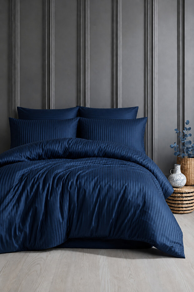 Premium Navy Blue Color Cotton Satin Double Duvet Cover Set