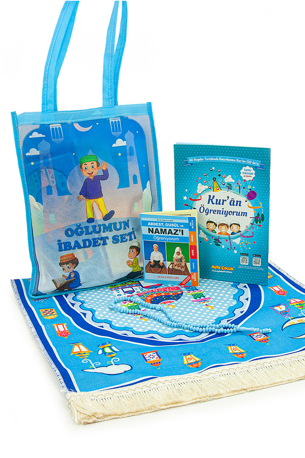 Quran Course with Bag, Elif Ba Book, Children's Prayer Rug, Worship Set, Blue