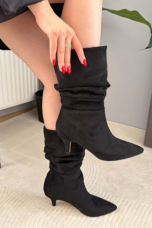 Women's Donna Black Suede Bellows Pointed Toe Thin Heel Half Length Boots