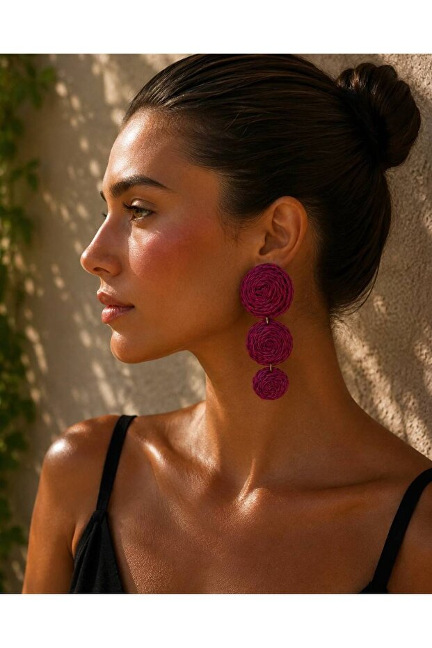 Triple Spiral Straw Earring Set – Orange, Purple and Fuchsia