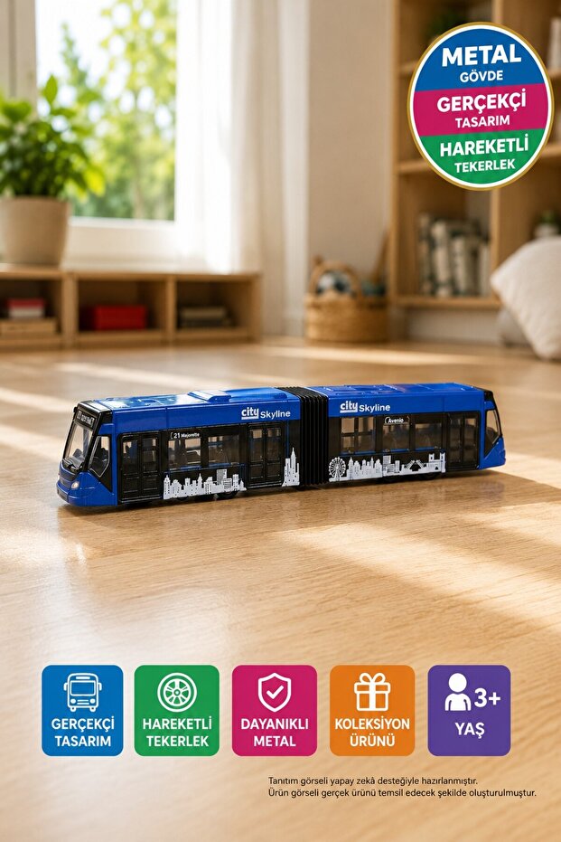 Blue Metal Toy City Tram Model 20 cm