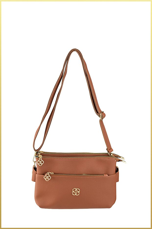 Women's Three-Compartment Shoulder Bag with Gold Accessories - Tan