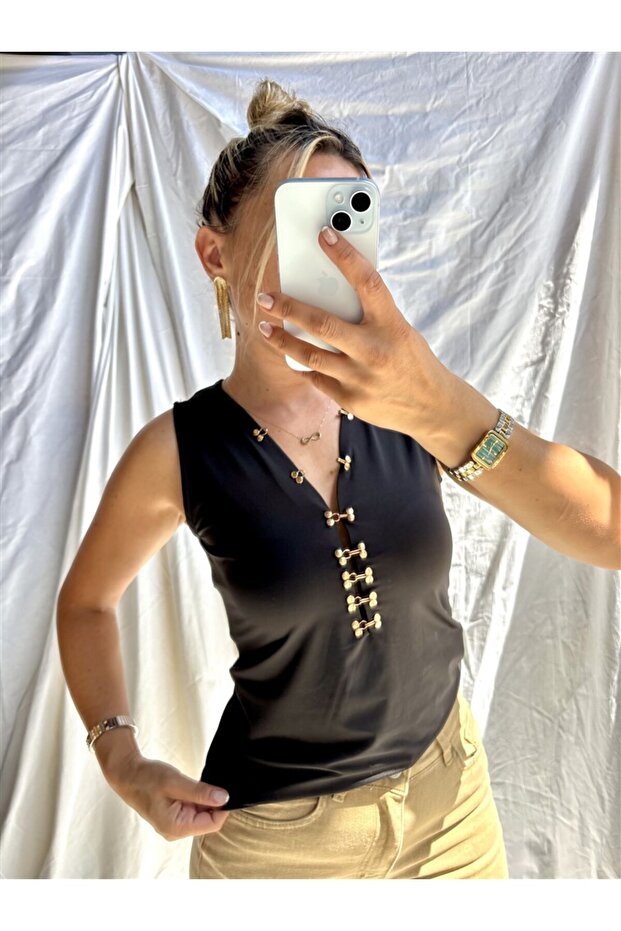 Women's Black Color V-Neck Low-Cut Buttoned Lined Body Blouse