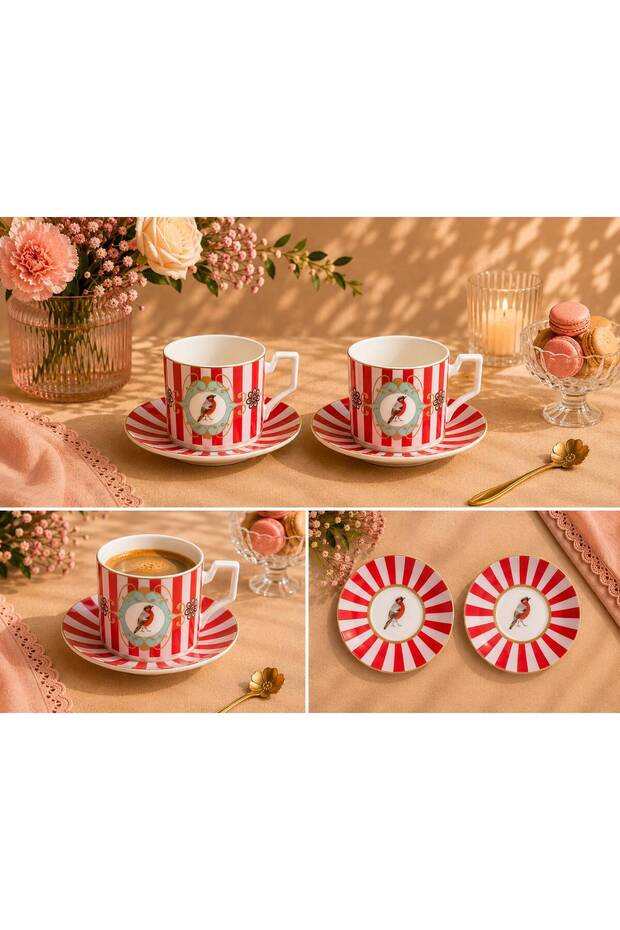 Balsa Mrk Model 2-Piece Porcelain Coffee Cup 100Cc Bird Pattern Red Turkish Coffee Cup