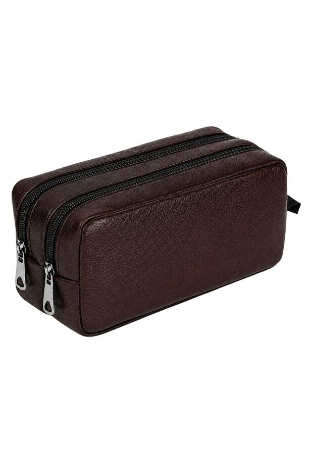 Faux Leather Double Compartment Pencil Case Dark Brown – Double Compartment Pen Holder with Internal Support