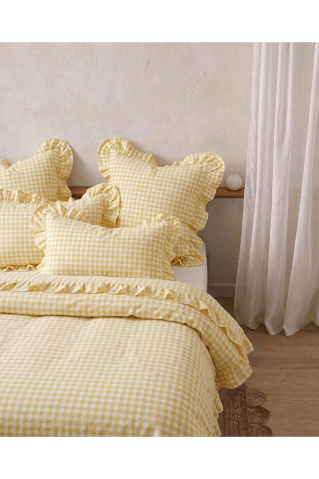 Yellow Pöti Square Patterned Ruffled Duvet Cover Set Double / Without Sheets