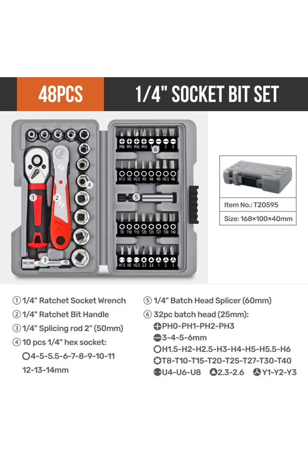 48PCS Hi-Spec 1/4" Drive Quick-Release 40 in 1 Ratchet Socket Bit Set Cr-V Steel Phillips/Slotted Sc