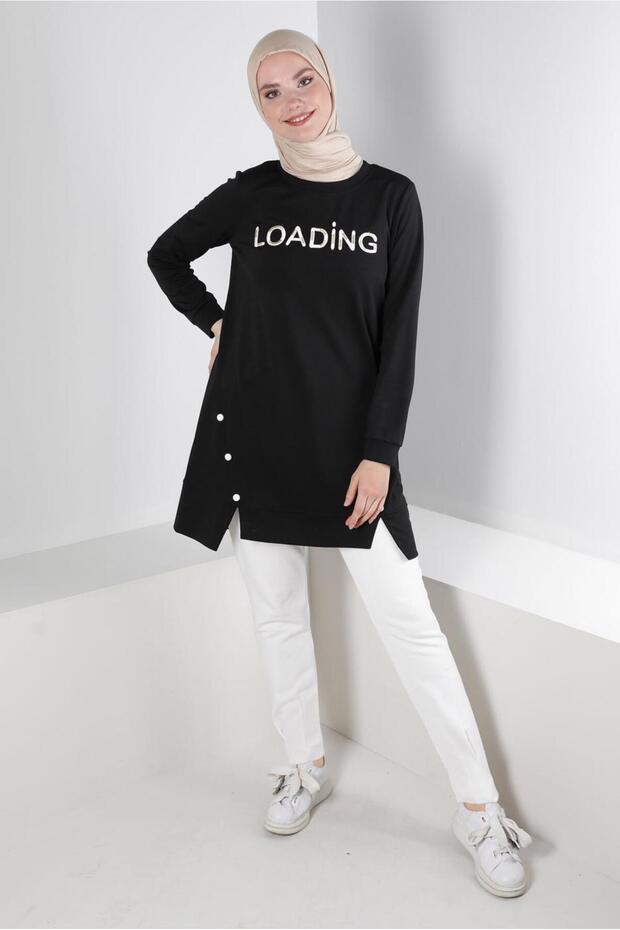 43348 Model Text Printed and Button Detailed Tracksuit Tunik
